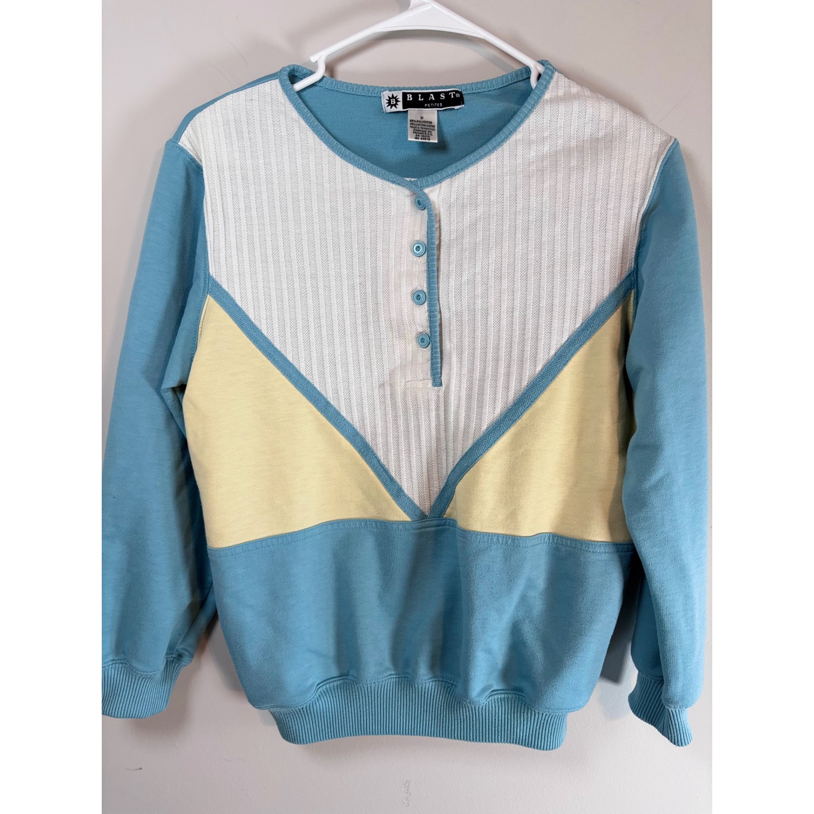 Vintage Blast Petites Colorblock Henley Sweatshirt Blue Yellow White Size P